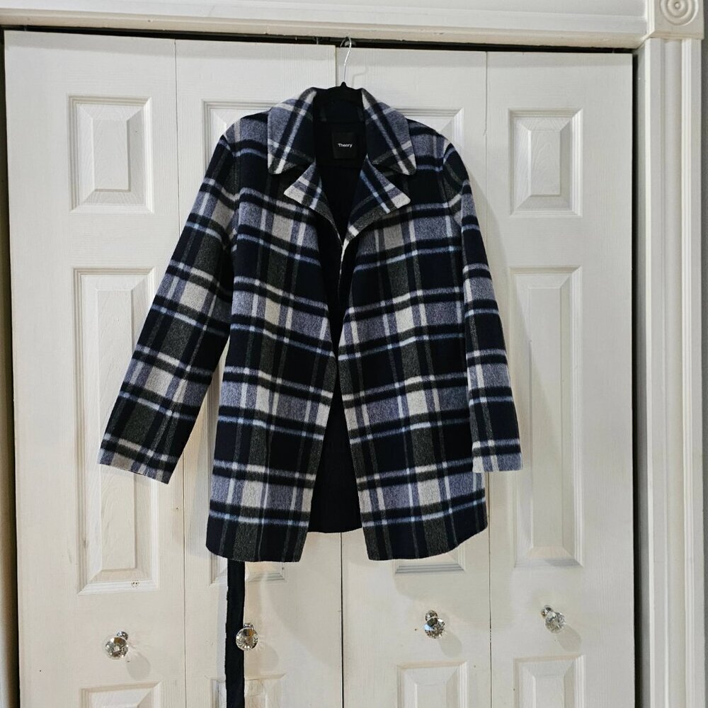NWT Theory Women's Plaid Wool Alpaca Belted Wrap Overlay Coat Size Medium - Picture 6 of 14